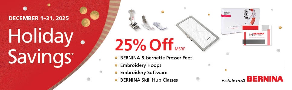 Enjoy 25% OFF ALL Presser Feet, Hoops and Software! Shop Now.